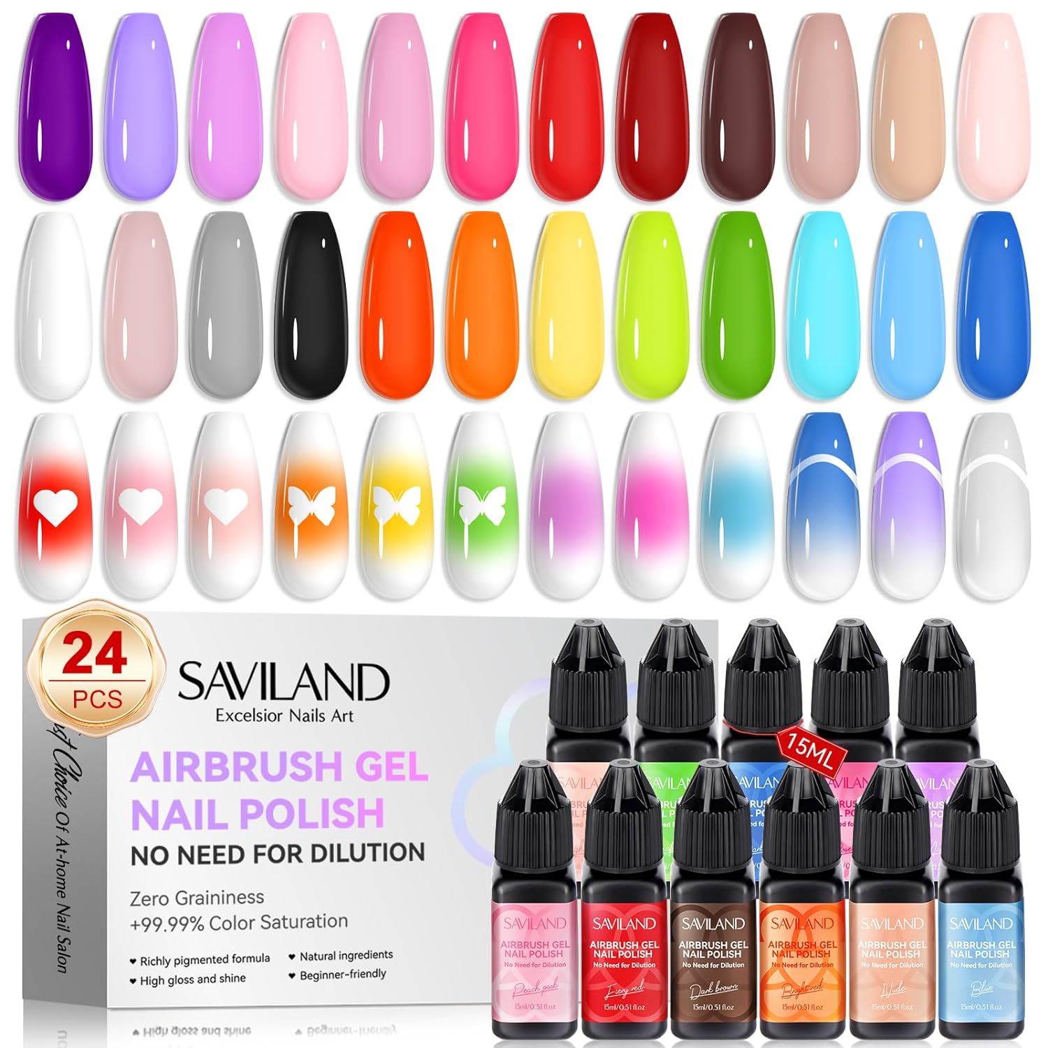 ネイルエアーブラシ Airbrush Gel Nail Polish Set 24 Colors HEMA-Free Formula | SAVILAND