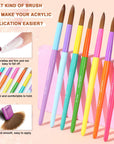 7PCS Rainbow Colorful Acrylic Nail Brush Set - Size 6/8/10/12/14/16/18