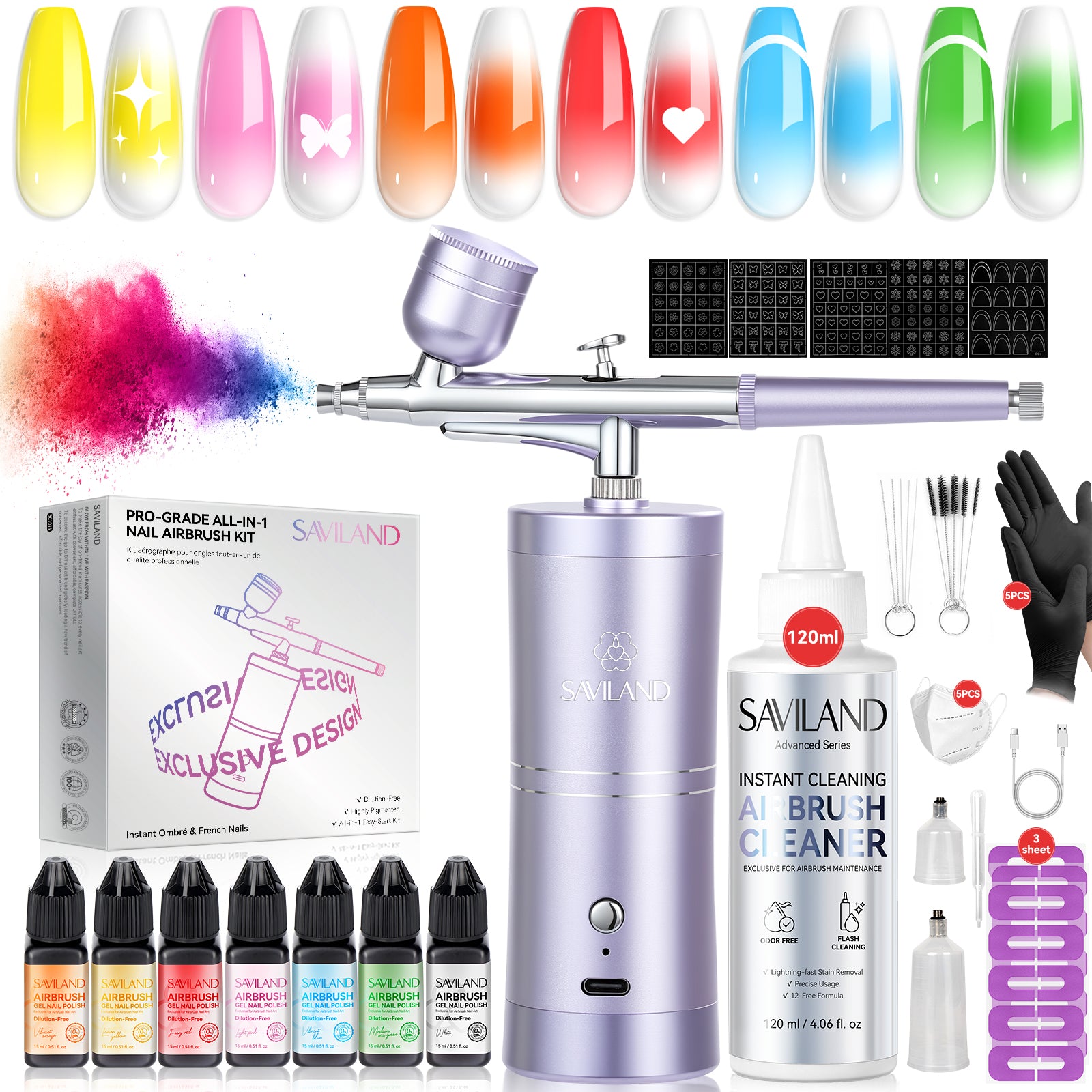 Airbrush Nail Kit with Gel Polish, Stencils & Cleaner | SAVILAND