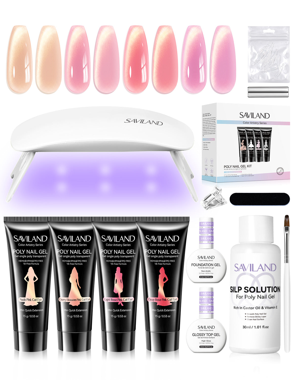 4-Color Cat Eye Poly Gel Nail Kit with UV Lamp &amp; Slip Solution