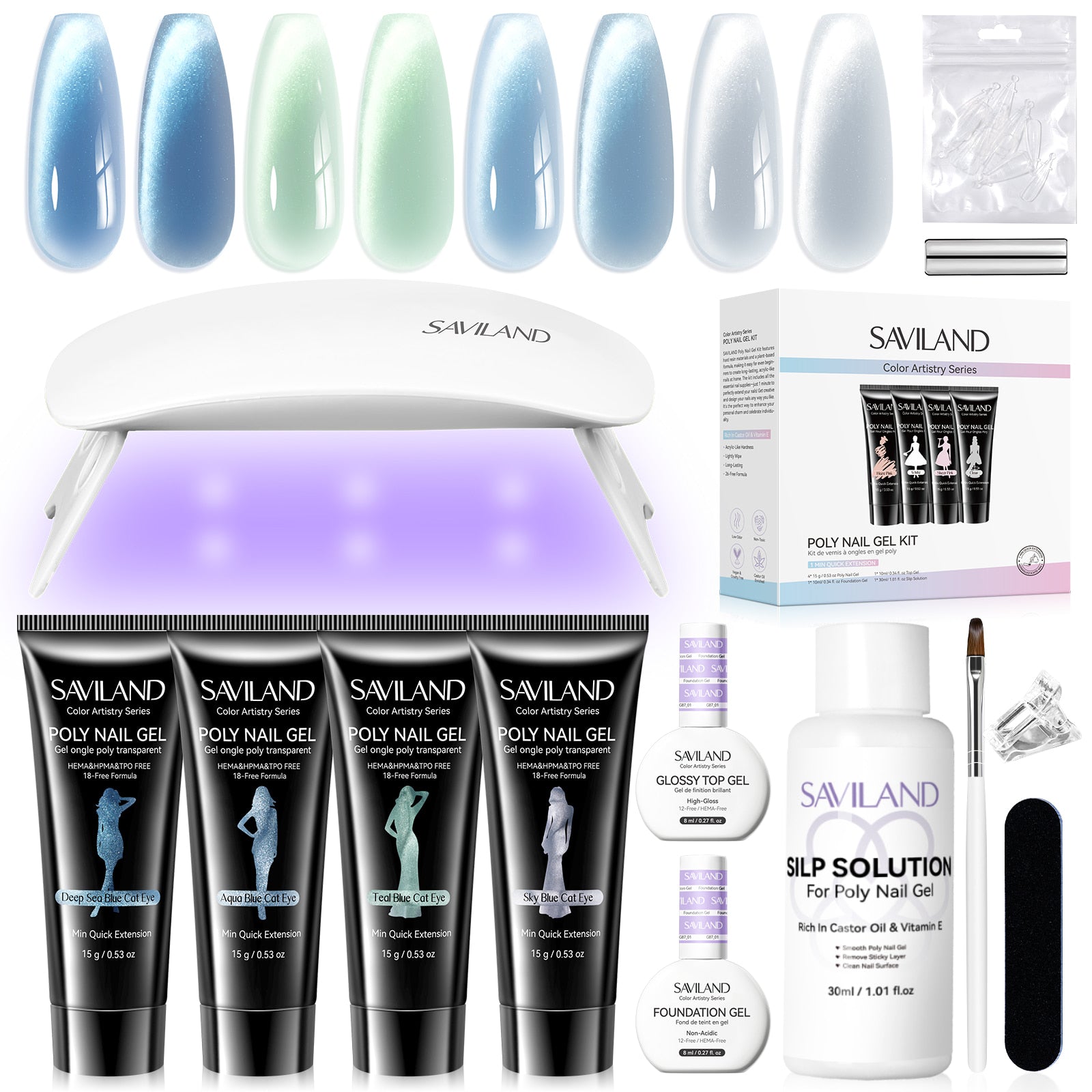 Cat Eye Poly Gel Kit with UV Lamp, Dual Forms &amp; Nail Brush