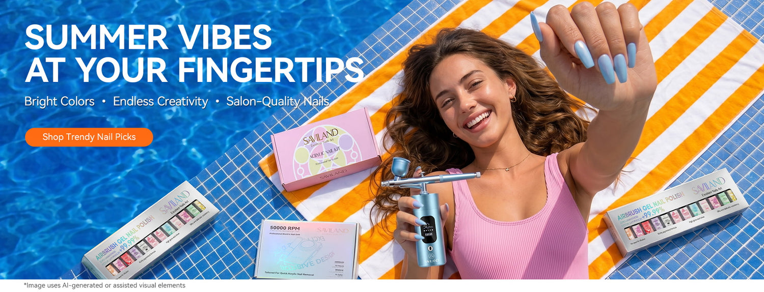Summer pool lifestyle banner featuring SAVILAND nail products, woman relaxing by swimming pool holding airbrush nail device, summer vibes manicure beauty set, bright outdoor fashion nail advertising scene.