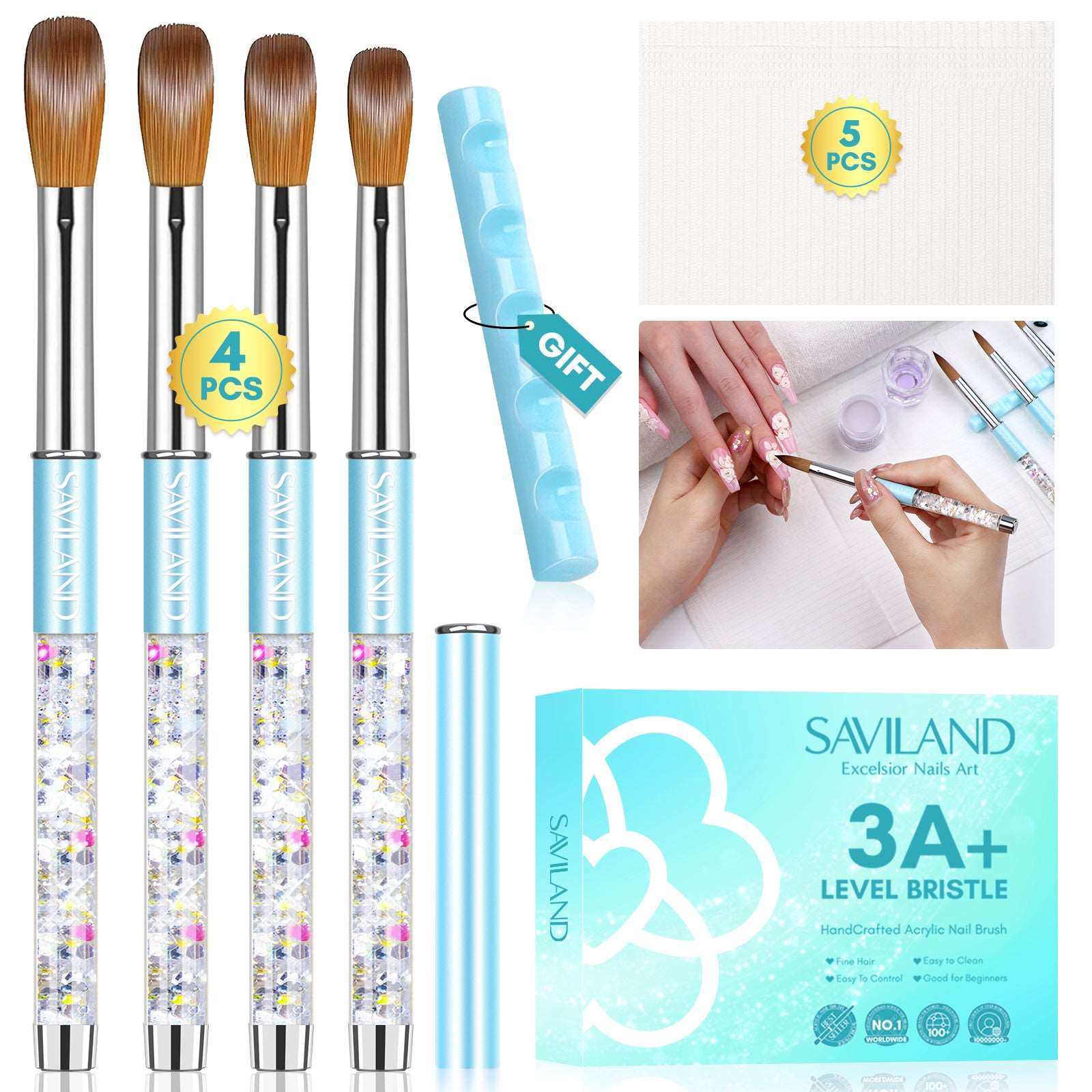 Acrylic Nail Brush Set-4PCS Serenity Blue Liquid Sand Crystal Handle 3A+ Superior Level Nail Brushes
