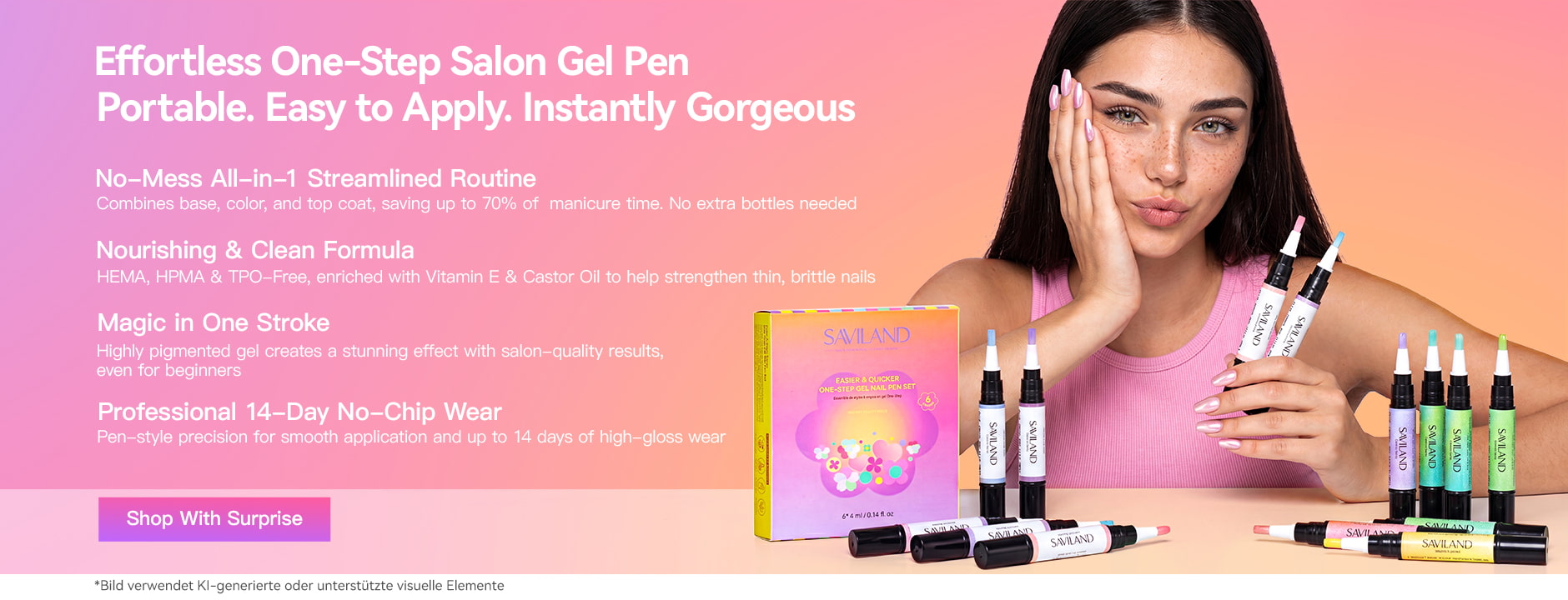 One-step salon gel nail pen product hero banner with SAVILAND branding, woman holding colorful gel nail pens, pink gradient background, professional nail art DIY kit, easy apply manicure advertising concept.