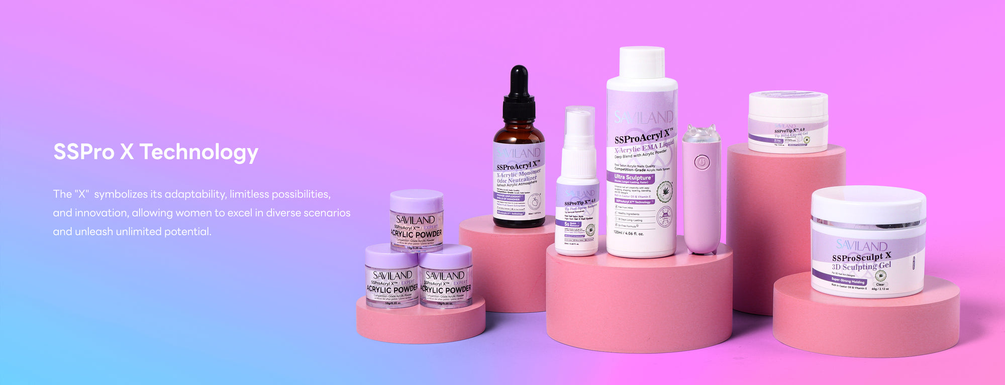 SAVILAND SSPro X technology collection featuring professional gel, acrylic and nail care products for healthier long-lasting manicures