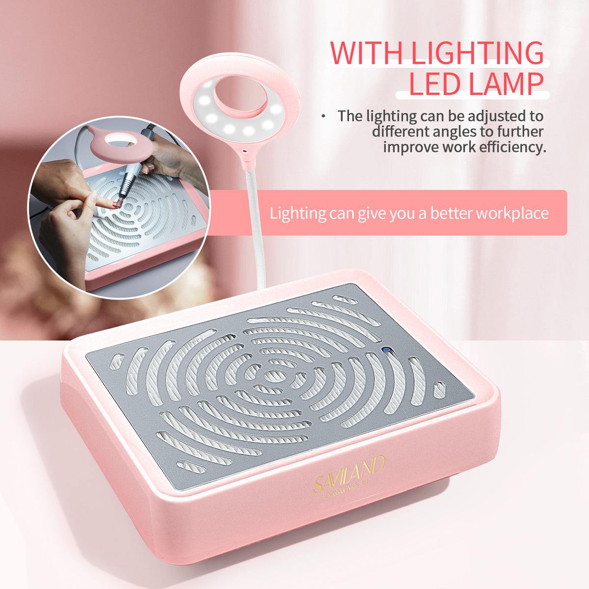 40W Nail Dust Collector with Lamp - Pink