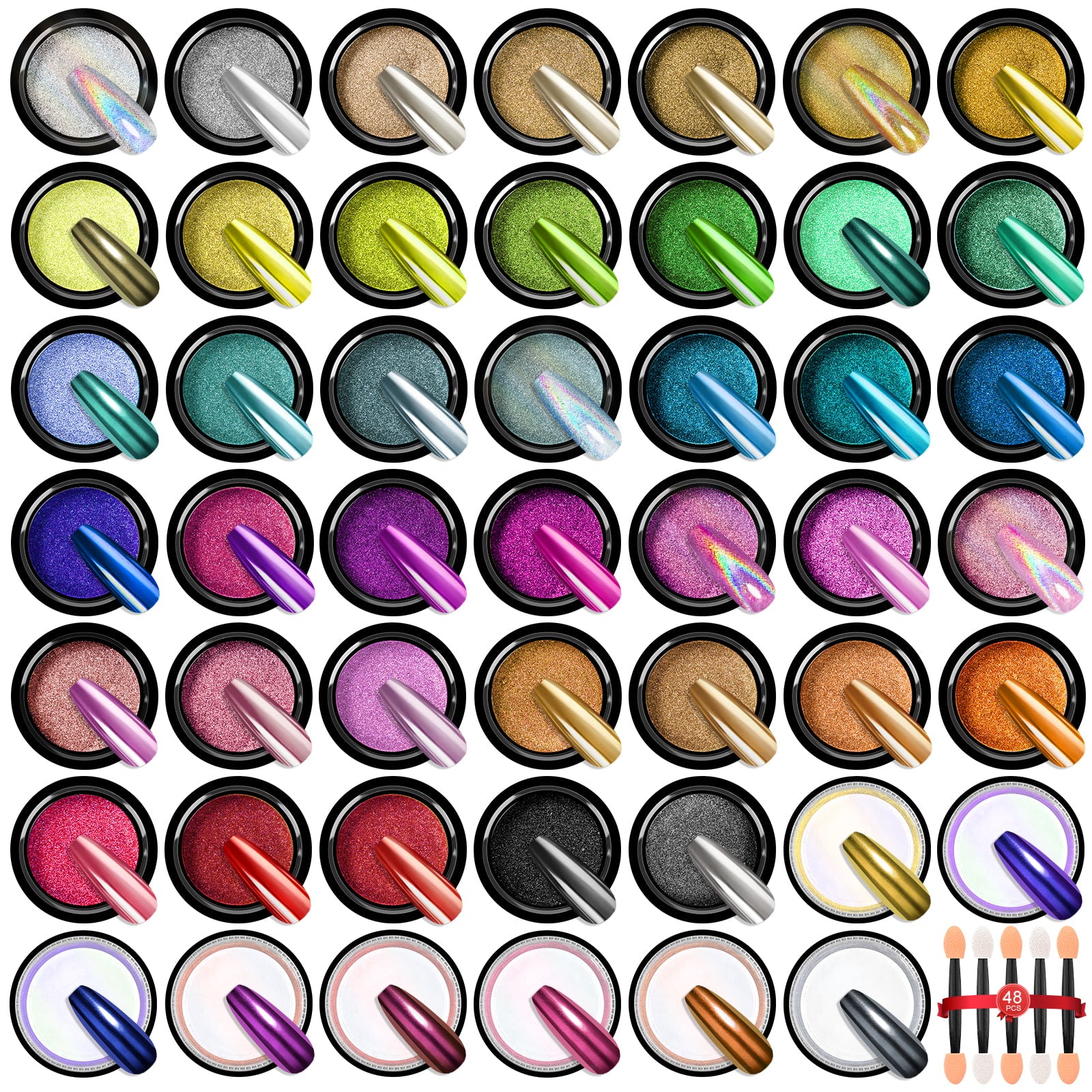 48-Color Chrome Nail Powder Set – Mirror, Aurora &amp; Holographic Effects