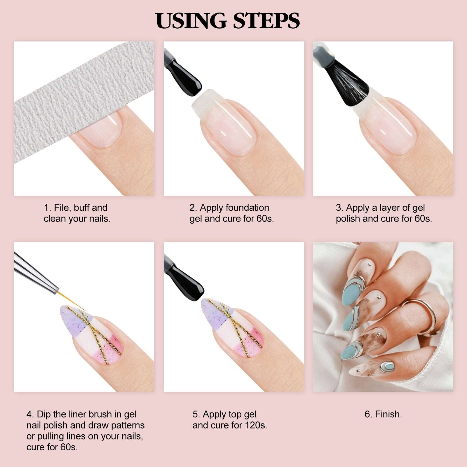 6PCS Rose Gold Art Nail Liner Brushes Set