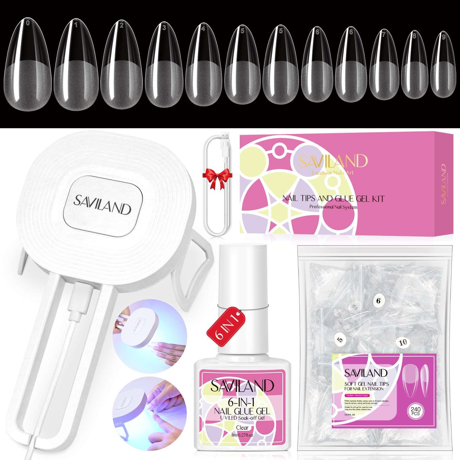 240PCS Medium Almond Clea False Nails Tips Kit