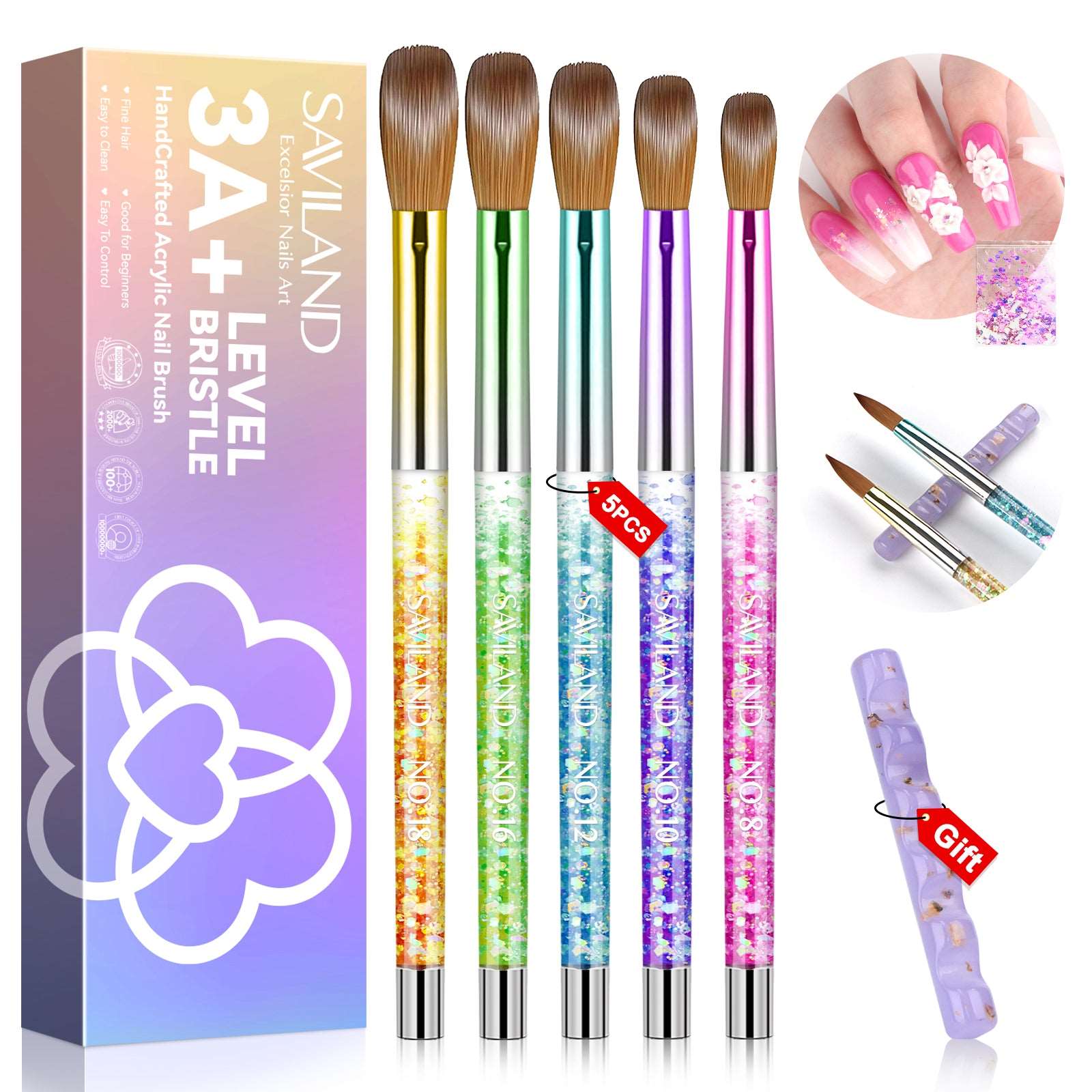 3pcs Acrylic Nail Brush Set, Size 8/10/14 Kolinsky Acrylic Nail Brushes
