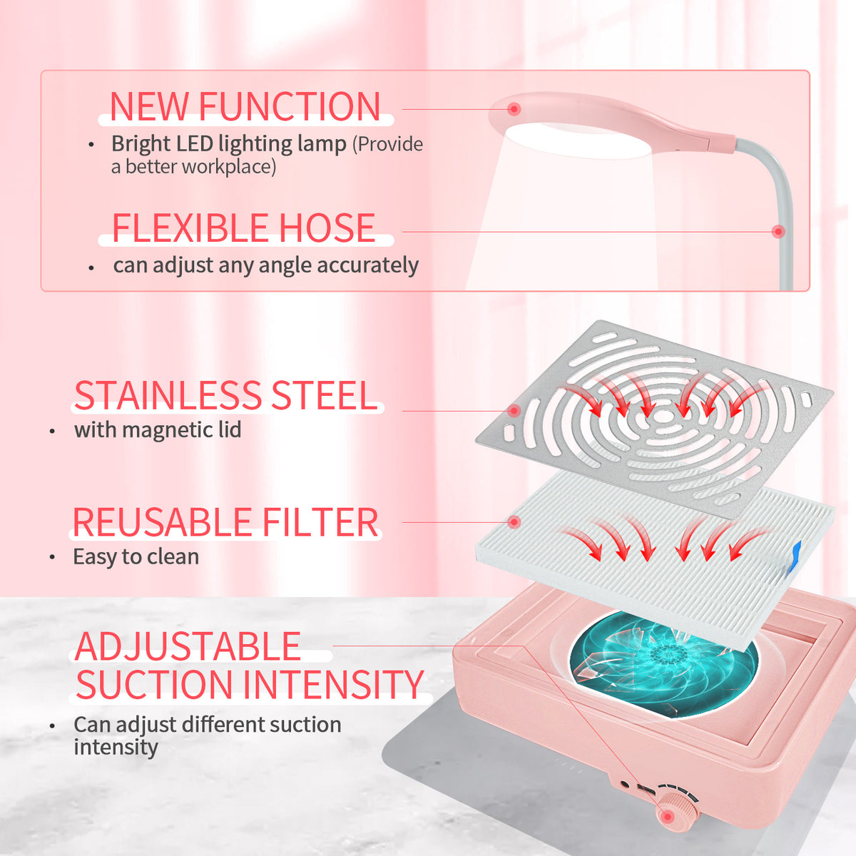 40W Nail Dust Collector with Lamp - Pink