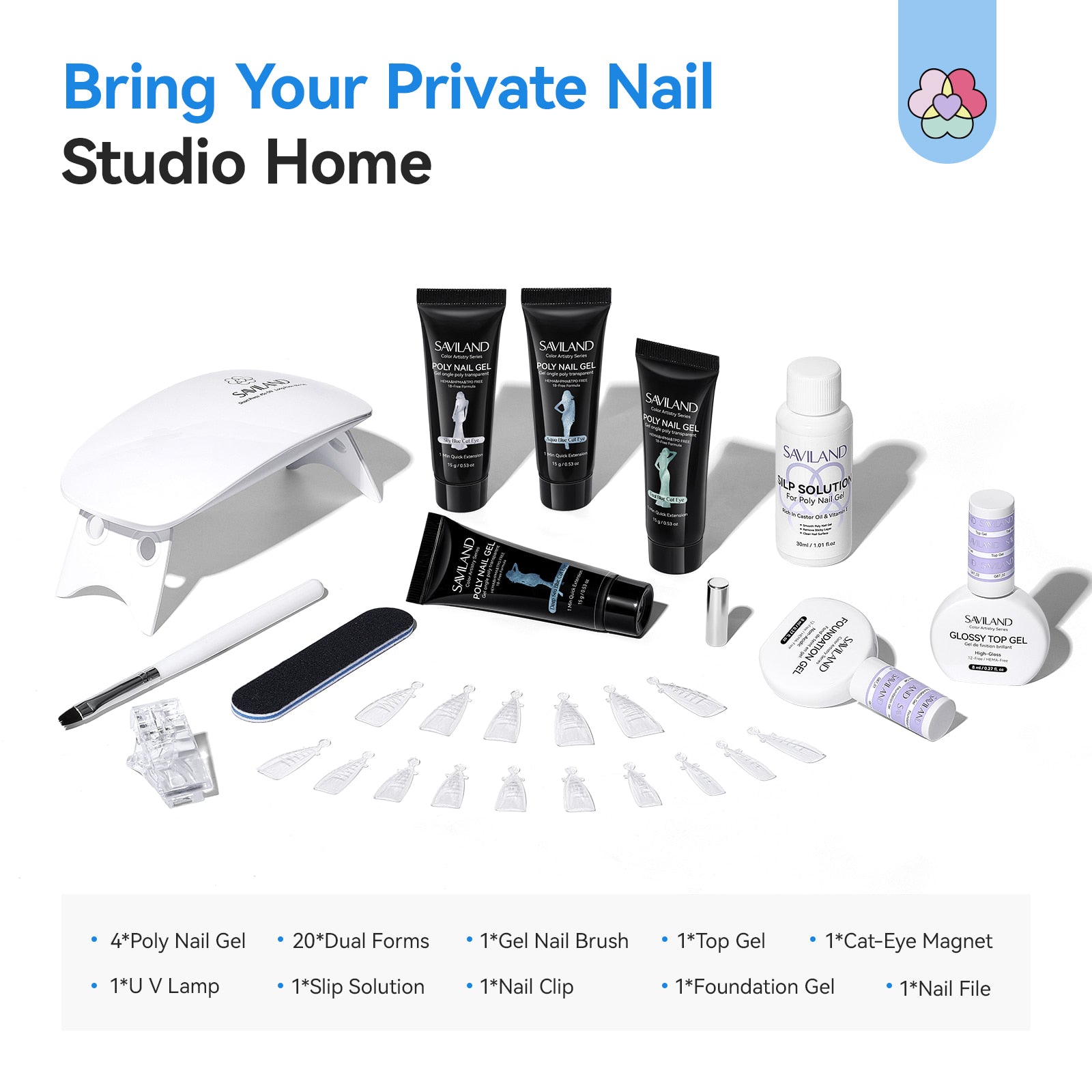 Cat Eye Poly Gel Kit with UV Lamp, Dual Forms &amp; Nail Brush