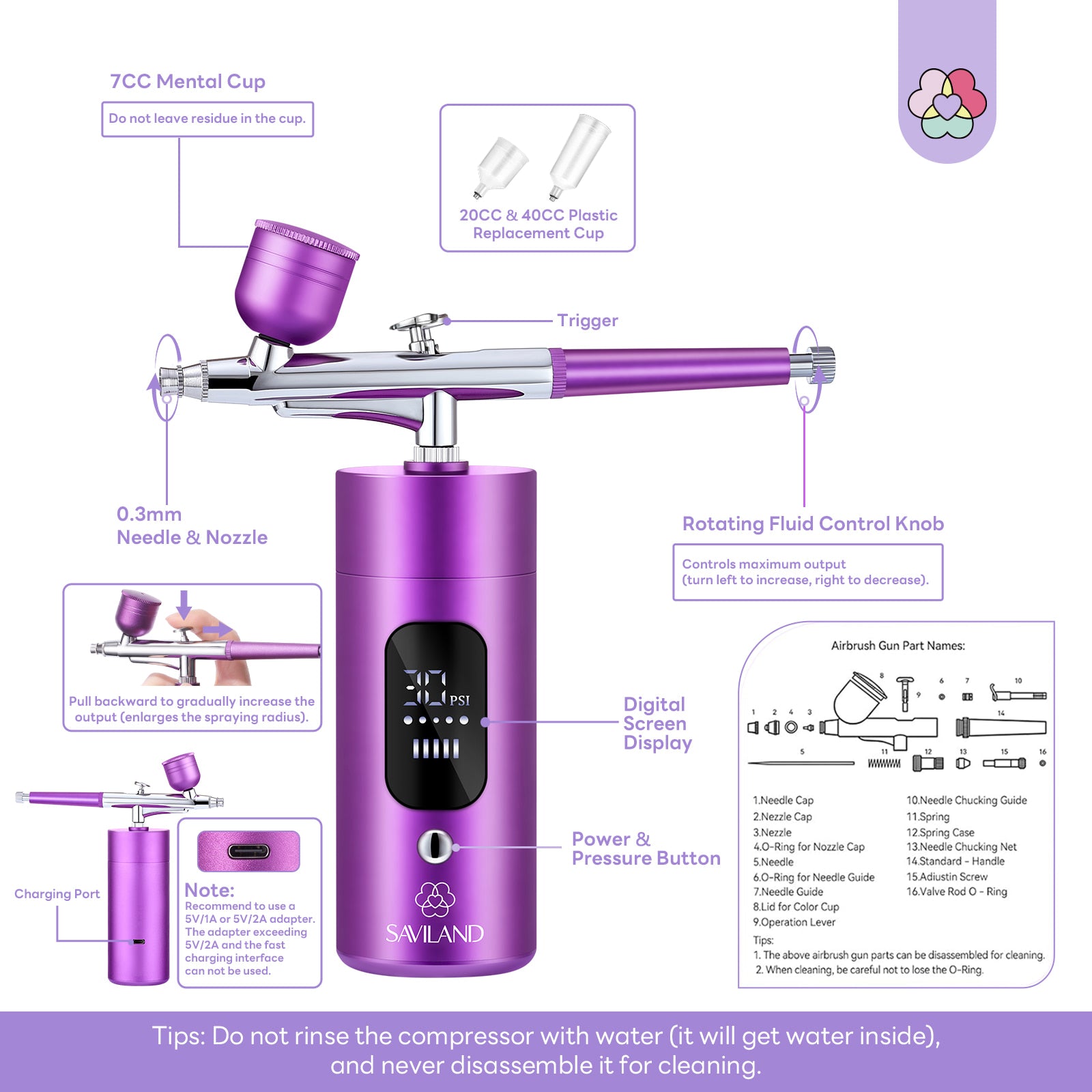 30 PSI LCD Nail Airbrush Machine with 0.3mm Nozzle – Royal Purple