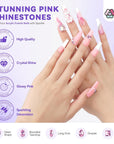 SAVILAND acrylic french tip design with Pink Rhinestones