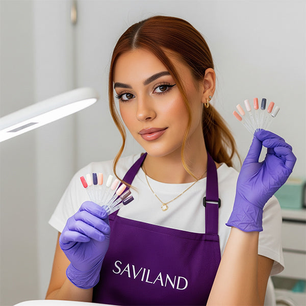 Nail technician holding gel polish color swatches while wearing SAVILAND professional manicure apron