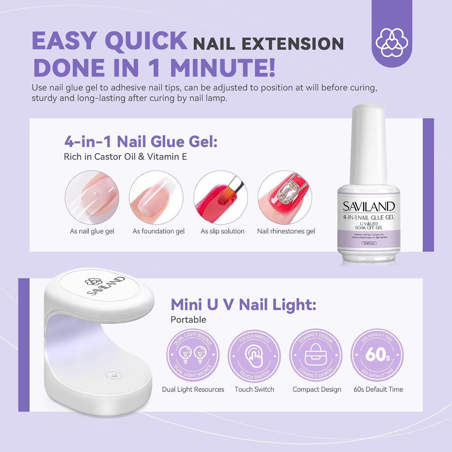 short coffin nail tips kit with lamp and glue gel