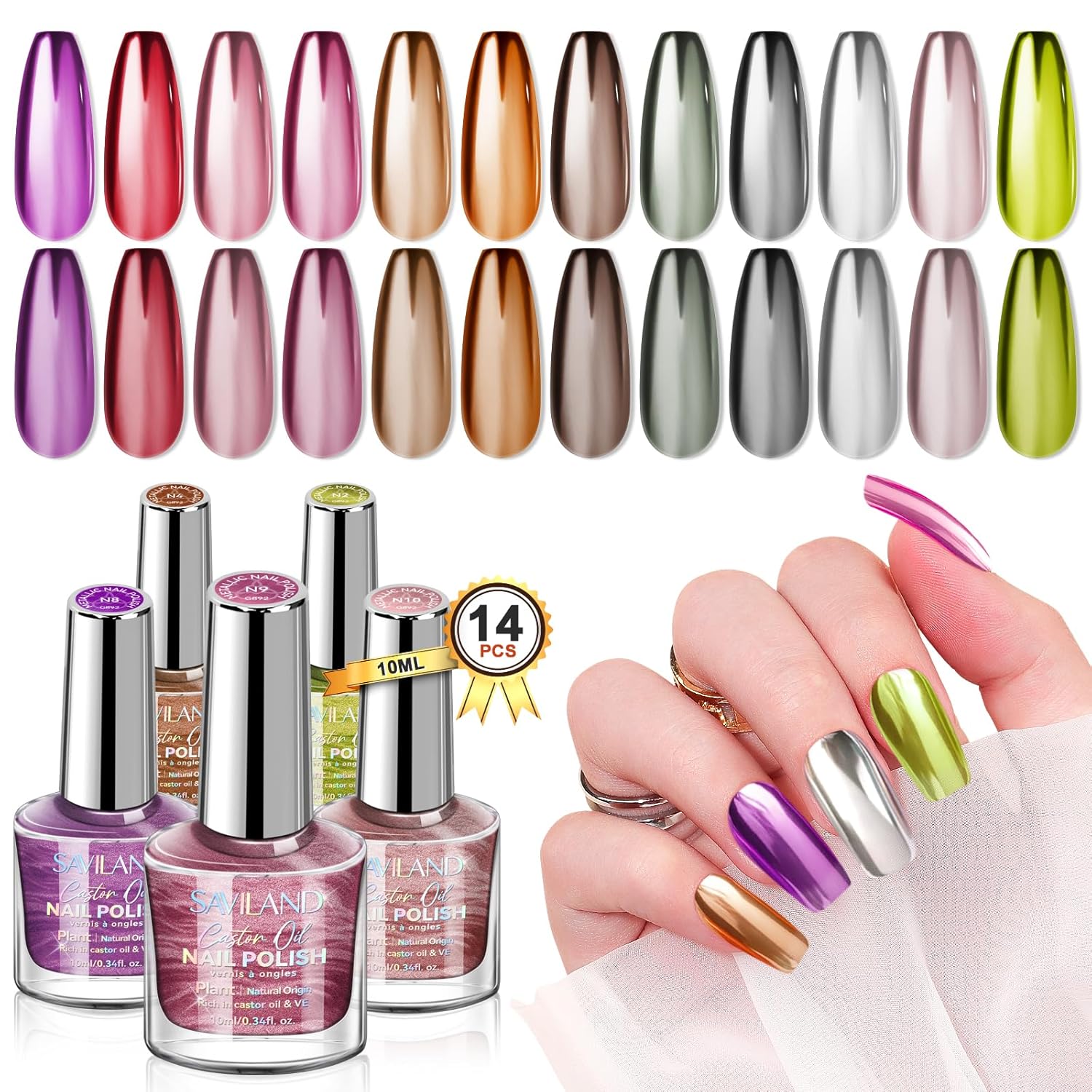 SAVILAND 12 Colors Dark Metallic Chrome Nail Polish Set with base and top coat