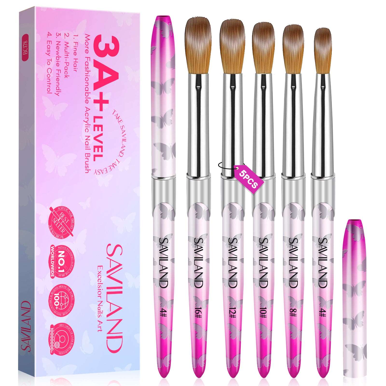 Acrylic Nail Brush Set - 5pcs Size 4/8/10/12/16