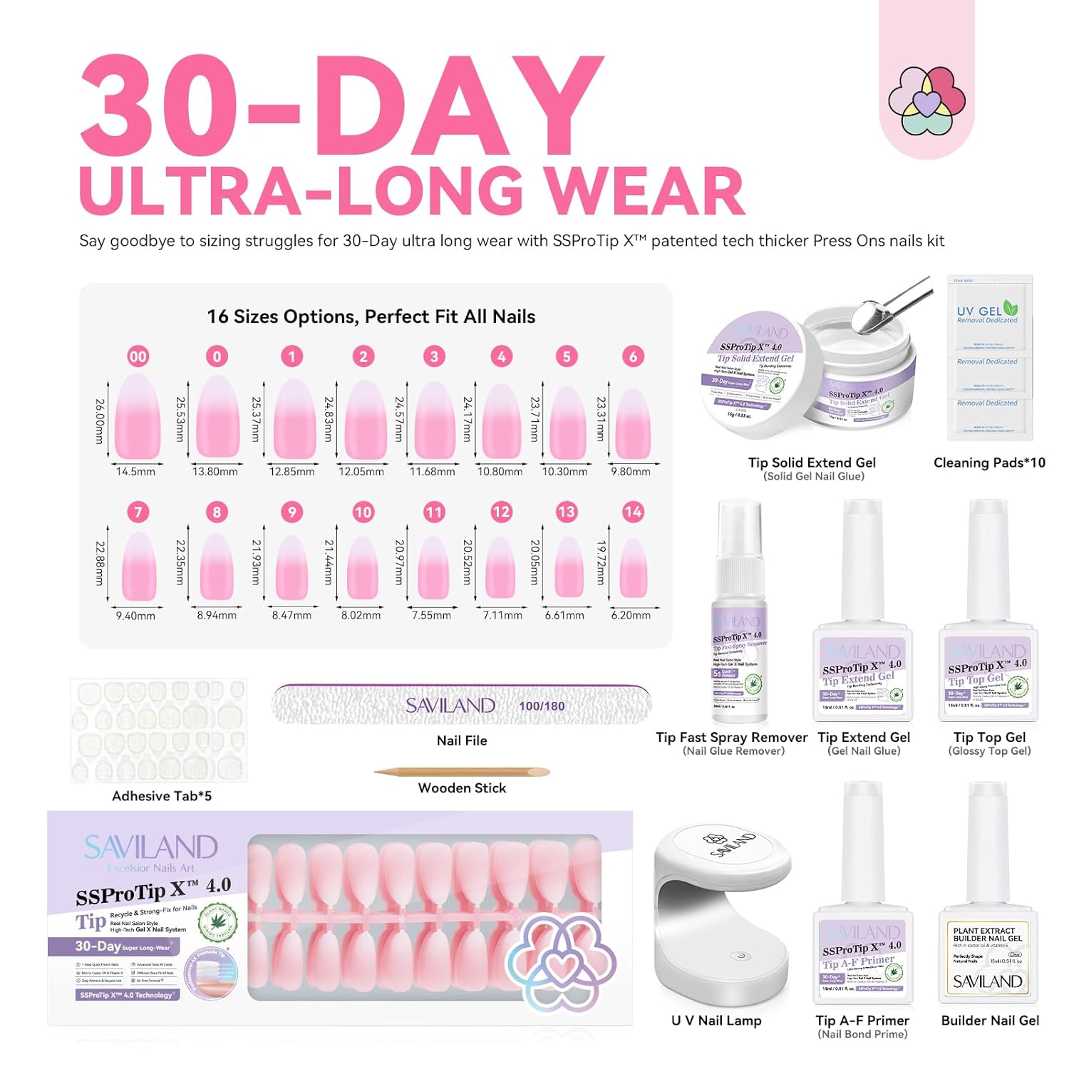 16 sizes pink and white ombre press on nails