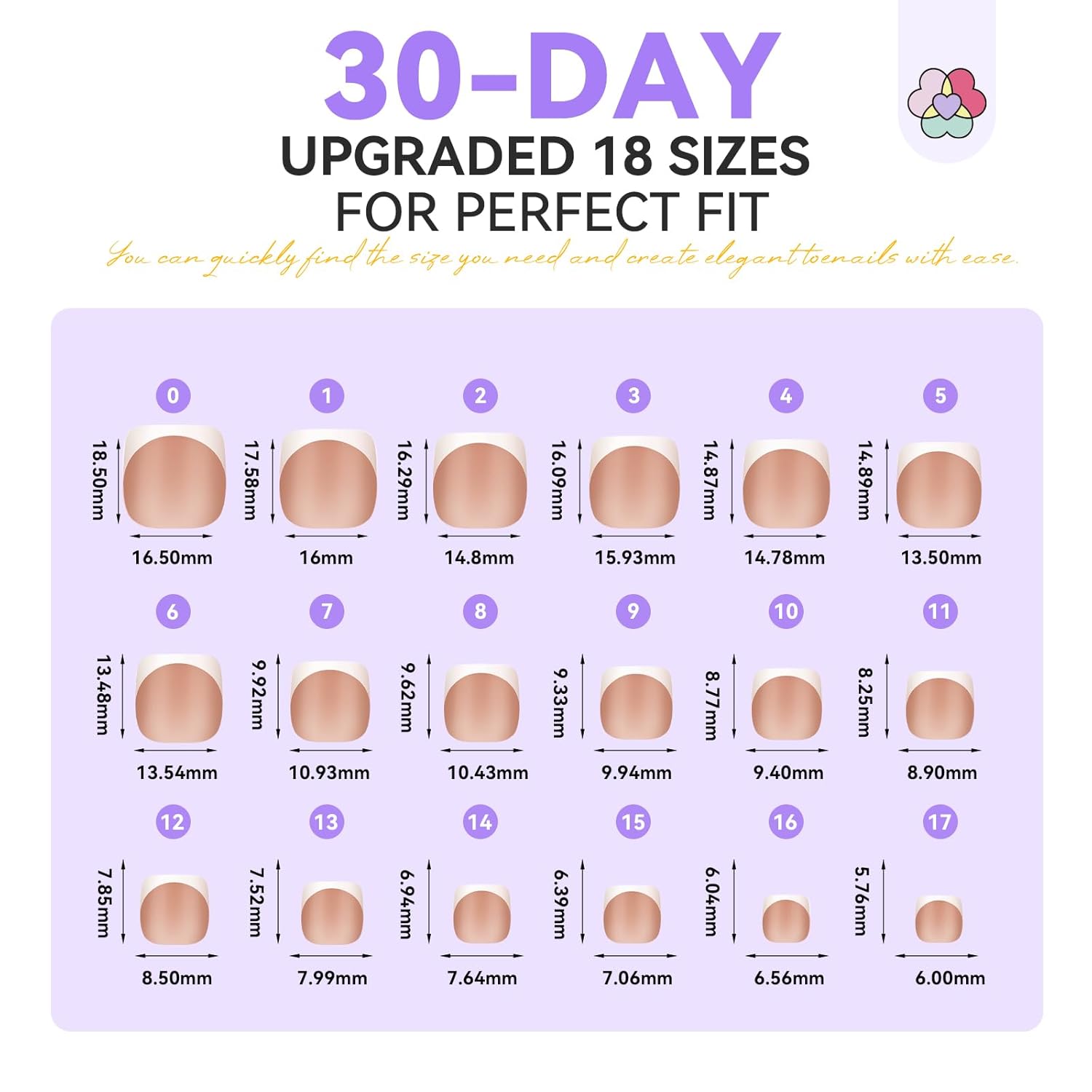 18 sizes of the Saviland french tip press on toenails