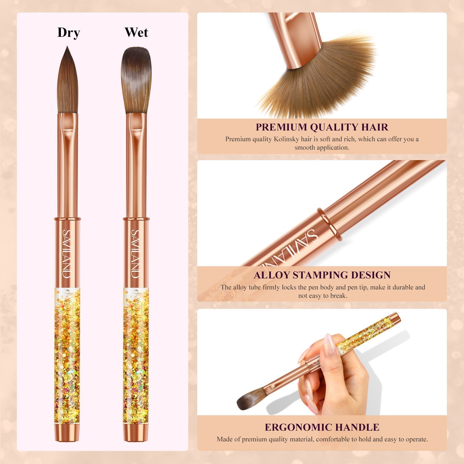 Professional Gold Kolinsky Acrylic Nail Brush Size 14